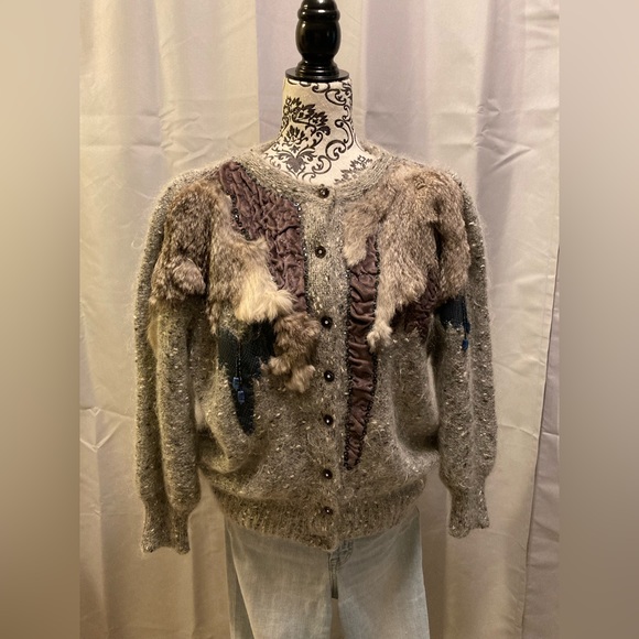 Vintage SWEATER Wool ~ Buttoned (M) Cardigan ~ multi/media/lapis lazuli/fur - Picture 4 of 16